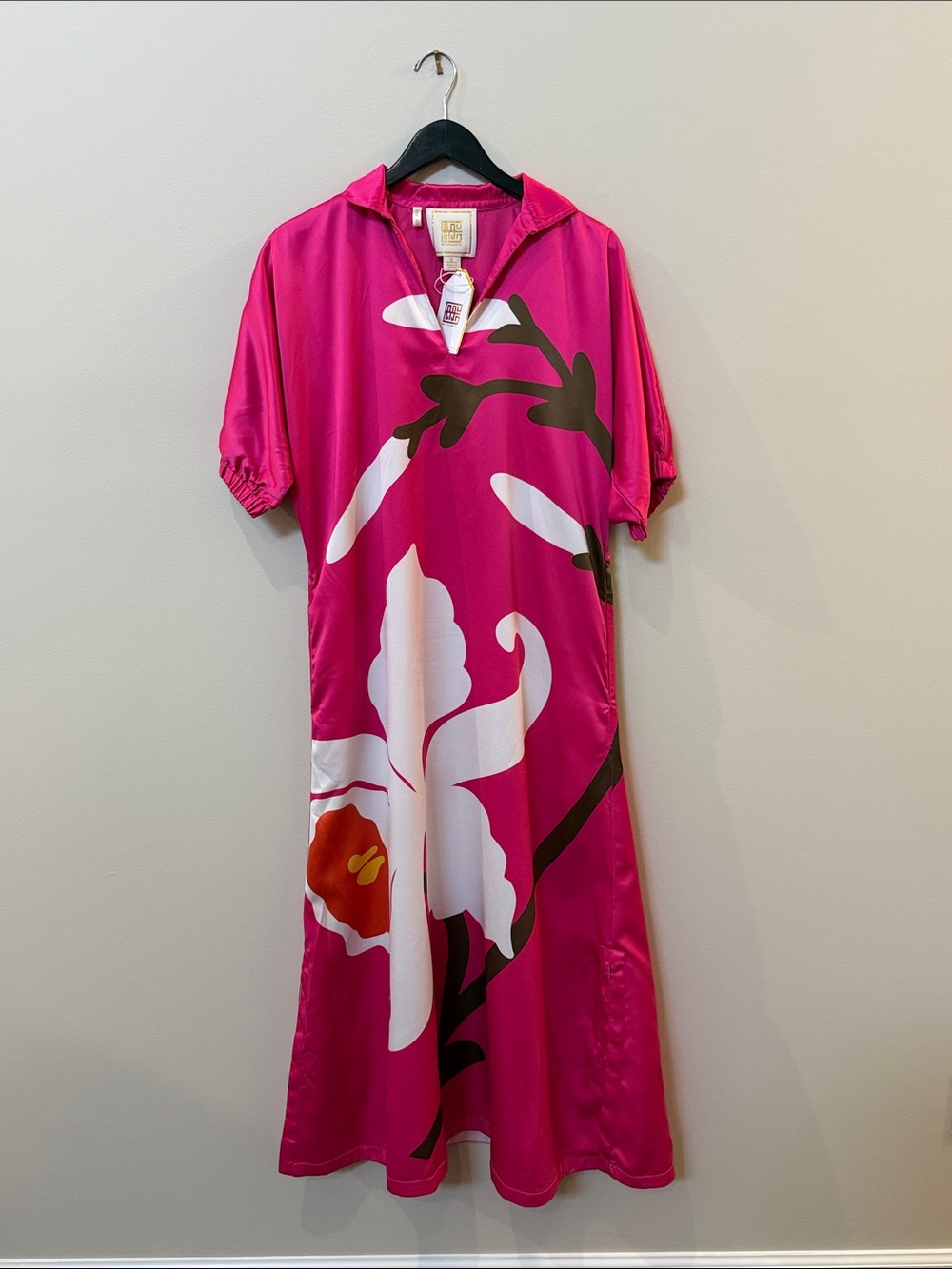 Poppy Holland Fuchsia Floral Maxi Dress with Collared V-Neck